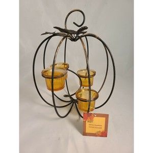 Large Metal Pumpkin 4 Votive Candle Holder Halloween